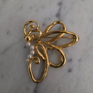 Vintage Danecraft Gold Tone Butterfly Brooch Faux Pearl Openwork Pin